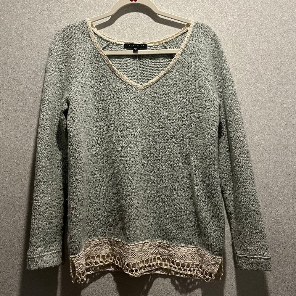 Sanctuary V-Neck Sweater with Crochet Lace Hem, Size XS